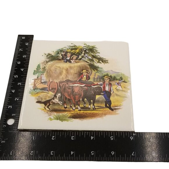 Vintage Ceramic Painted Tile Currier and Ives Haying Children Farmers Oxen - Picture 5 of 5